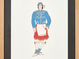 an image of a drawing of a woman in a blue and red dress