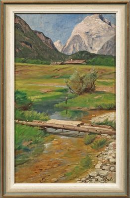 a painting of a mountain scene with a river and a bridge