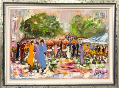 une peinture à l'huile représentant une foule de personnes se promenant dans un marché