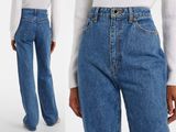deux photos d'une femme portant un jean taille haute et une chemise blanche