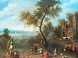 painting of a village scene with a man on a horse and a woman on a horse