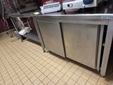 a kitchen with stainless steel cabinets and a microwave on the counter