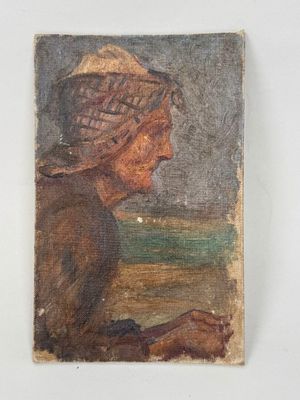 an old painting of a woman with a hat sitting on a table