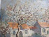 a painting of a house with a tree in front of it
