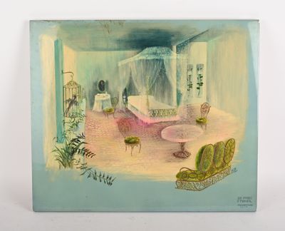 un tableau représentant un salon avec un canapé et une table