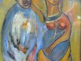 une peinture à l'huile représentant un homme et une femme assis l'un à côté de l'autre