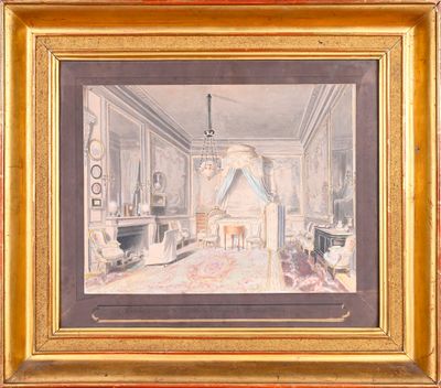 an image of a painting of a room with a fireplace and a chandelier