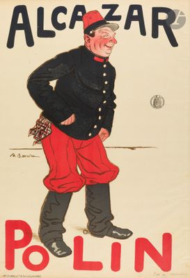 une vieille affiche représentant un homme en pantalon rouge et veste noire