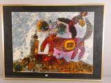tableau représentant un homme et une femme à cheval dans une ville
