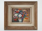 an oil painting of flowers in a vase on a table