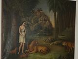 un tableau accroché au mur d'une pièce, représentant un homme et un tigre