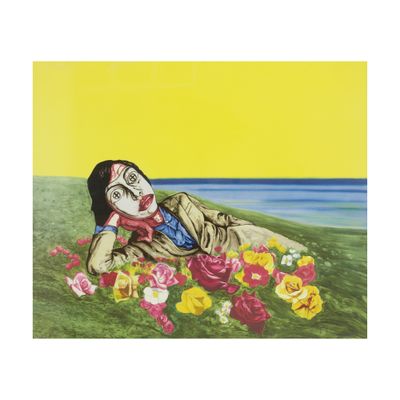 an image of a painting of a woman laying in a field of flowers