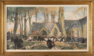 an oil painting of a church with a crowd of people in front of it