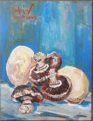 an oil painting of mushrooms on a table with a blue background