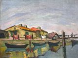 a painting of a boat in the water next to a building