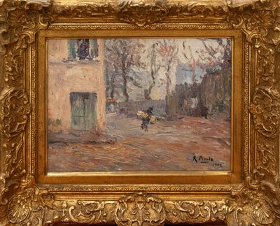 an image of a painting of a street scene with a horse and buggy