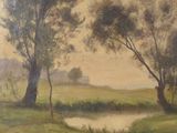 painting of a landscape with trees and a river in the foreground