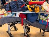 a cart full of luggage in a garage