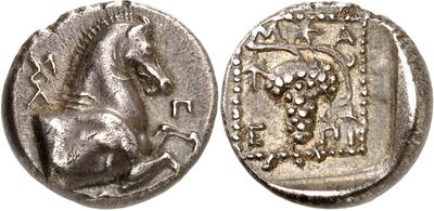 a silver coin with a horse and grapes on it
