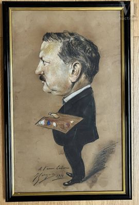 painting of a man in a suit holding a palette and a box