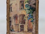 an oil painting of a street scene with a woman sitting on the sidewalk