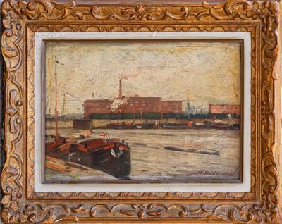 an oil painting of boats in a harbor with a building in the background