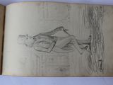 an old book with a drawing of a man laying on the ground