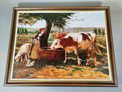 une photo d'un tableau représentant une femme en train de nourrir des vaches