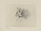 dessin au crayon représentant un homme à cheval avec un bouquet de fleurs sur le dos