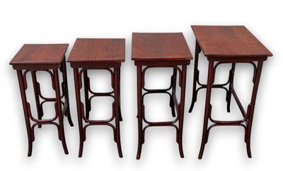 three tables with stools on each side of them on a white background