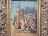 an old painting of a woman and two children in a garden