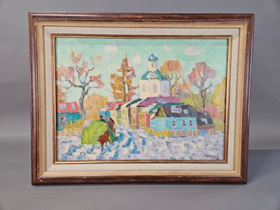 painting of a painting of a person riding a horse on a snowy road