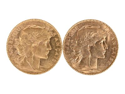 Deux pièces de vingt francs or au coq, 1912. Usures. - Photo 1