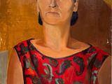 tableau représentant une femme en robe rouge sur fond marron