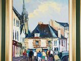 an oil painting of a group of people walking down a street
