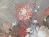 a painting of flowers in a vase on a table