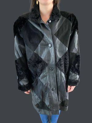 black and grey faux coat with black and white checkered pattern