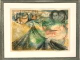 tableau représentant une femme assise sur une chaise, avec un panier de fruits devant elle