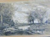 dessin représentant un paysage avec une rivière et des arbres au premier plan