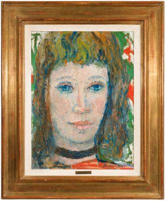 tableau représentant une femme aux yeux bleus, dans un cadre doré