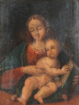 un tableau représentant une femme tenant un bébé et un livre
