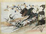 a picture of a painting of birds and flowers