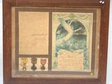 a picture of a framed picture of a bird and other items
