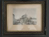 painting of a church in a frame on a wall