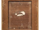 an old picture of a sheep in a wooden frame with a tag on it