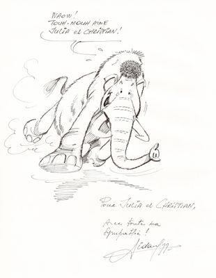 drawing of a cartoon elephant with a man on it ' s back sitting on the ground