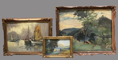 three framed paintings of boats and trees on a gray background