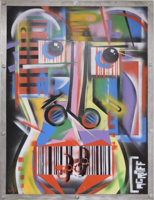 painting of a man ' s face with a barcode in his mouth