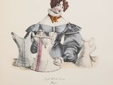 a drawing of a woman in a blue dress sitting on a chair