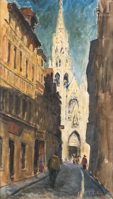 peinture d'une scène de rue avec un clocher d'église en arrière-plan